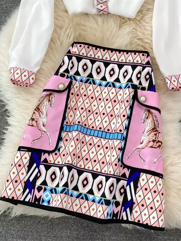New Fashion Runway Sommer rock Anzug Damen Bluse mit Pferde geometrie und einer Linie Taschen knöpfe Rock 2 zweiteiliges Set
