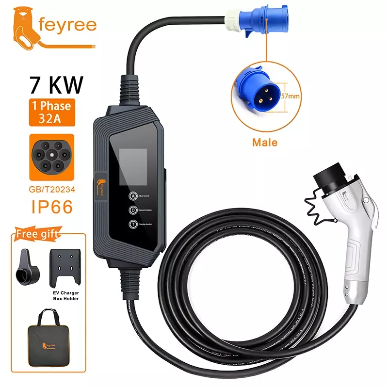 Feiyree-電気自動車用のeeプラグ付きポータブル充電器、車の充電器、7kw、32a、1相、gbt充電器、5mケーブル、evse充電ボックス