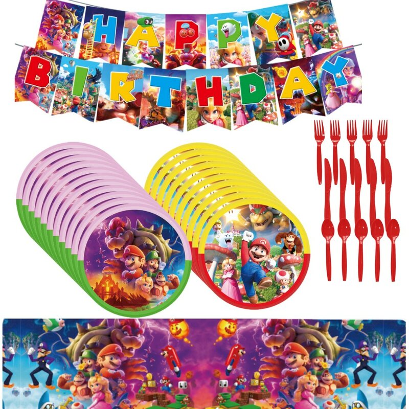 Game kartun dekorasi ulang tahun Super Bros, Set peralatan makan sekali pakai dekorasi cangkir piring Cupcake, perlengkapan pesta Baby Shower anak laki-laki
