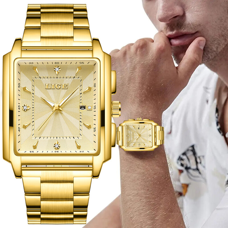 LIGE-Relógios Quadrados Dourados Masculinos, Aço Inoxidável, Relógio de Pulso Impermeável, Marca Top de Luxo, Relógio Quartz Dourado