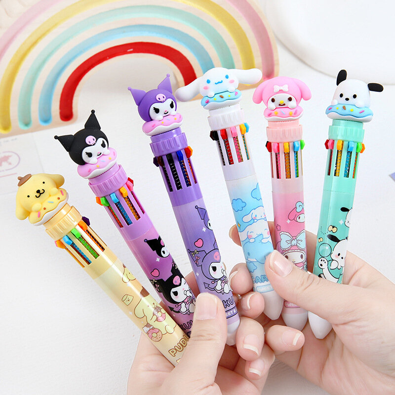 Sanrio Press Ten Color Ballpoint Pen Cartoon Kawaii Kuromi Multi-color Students Gel Pen Melody Sanrio Stationery Write Cute Pens