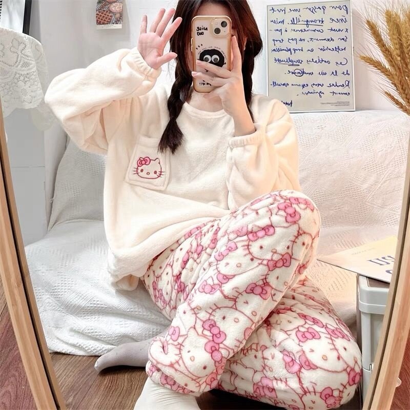 2 Piece Sanrio Hello Kitty New Sleepwear Suit Coral Plush Pullover Tops Trousers Home Clothes Set Y2k Women Cute Soft Nightdress