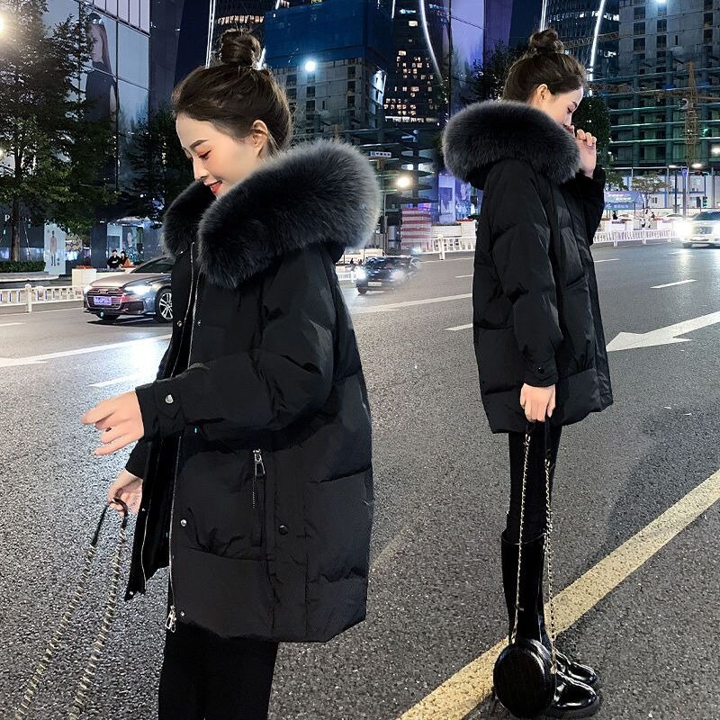 2023 New Women Down Cotton Coat Winter Jacket Female Fur Collar Loose Parkas High-end Hooded Outwear Plush Thick Overcoat