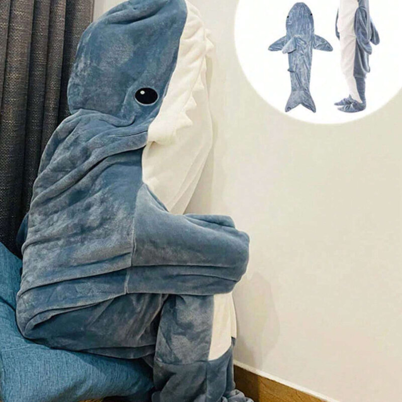 Selimut hiu, piyama Onesie lucu dapat dipakai mewah, kostum Cosplay flanel merah muda biru, tas tidur untuk tari Otaku dewasa anak-anak