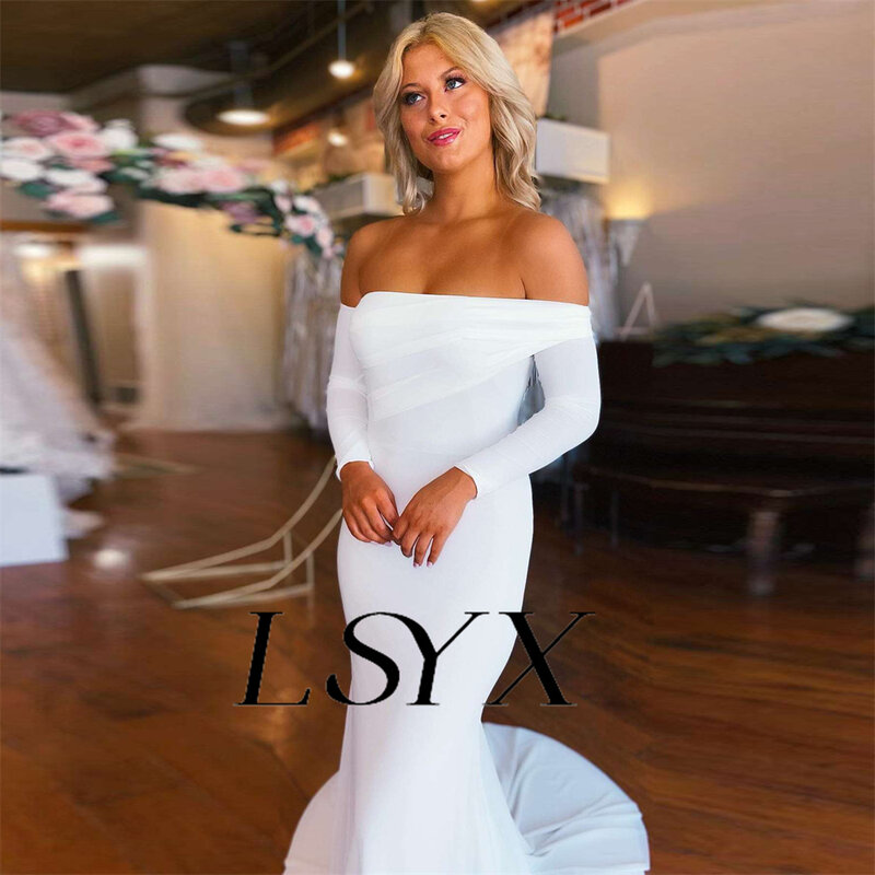 LSYX Элегантное свадебное платье из крепа с открытыми плечами, модель 2023 года, простое свадебное платье с молнией на спине и шлейфом, изготовление на заказ