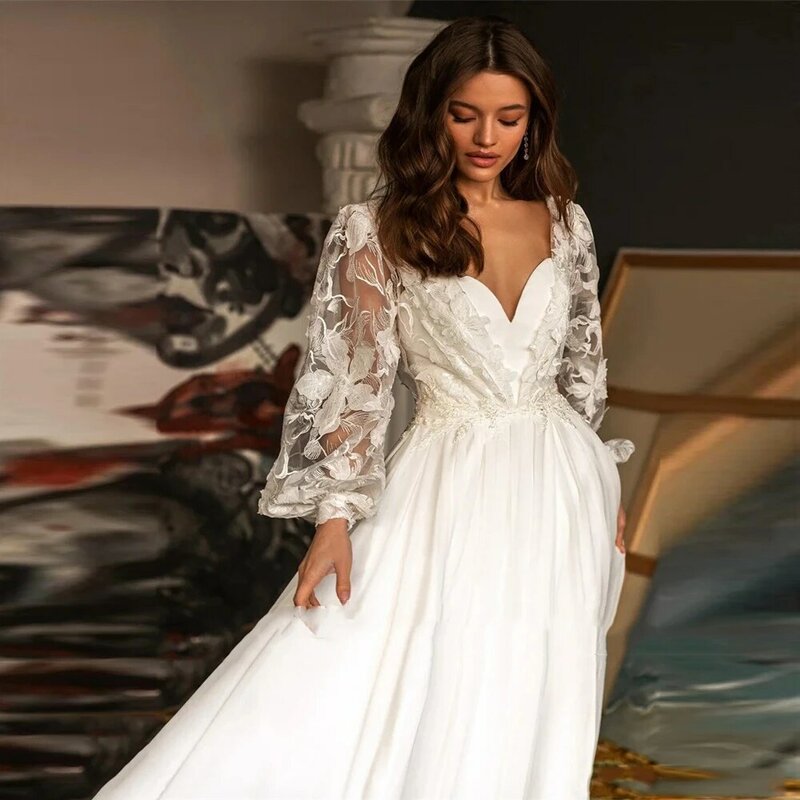 Luxury Bohemian A-Line Wedding Dresses Sexy V-Neck Lace Decals Bridal Gowns Elegant Mopping Length Princess Vestidos De Novias