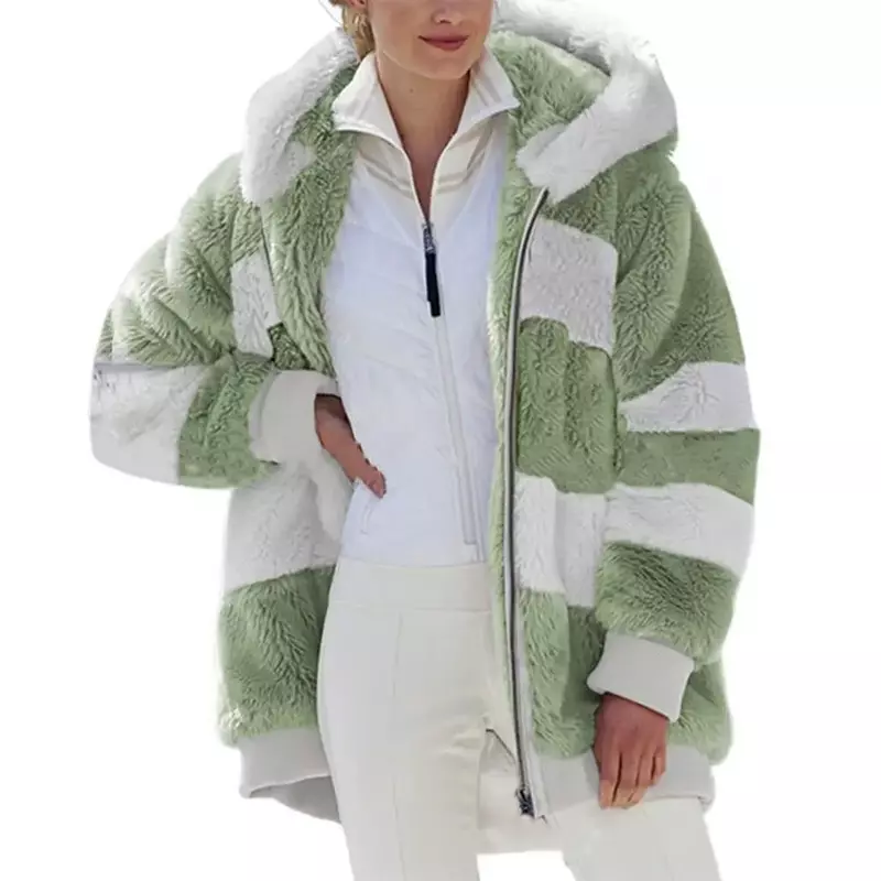 집업 플리스 인조 모피 플러시 재킷 여성용, 패치워크 컬러 후드 재킷, 따뜻하고 두꺼운 코트, 2022 가을 겨울 상품
