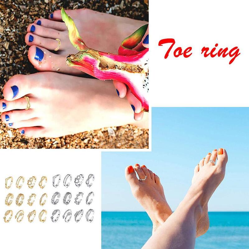 Conjunto de anéis de dedo do pé ajustáveis para mulheres e meninas, simples, aberto, coração, pena, jóias pé, verão, 12pcs