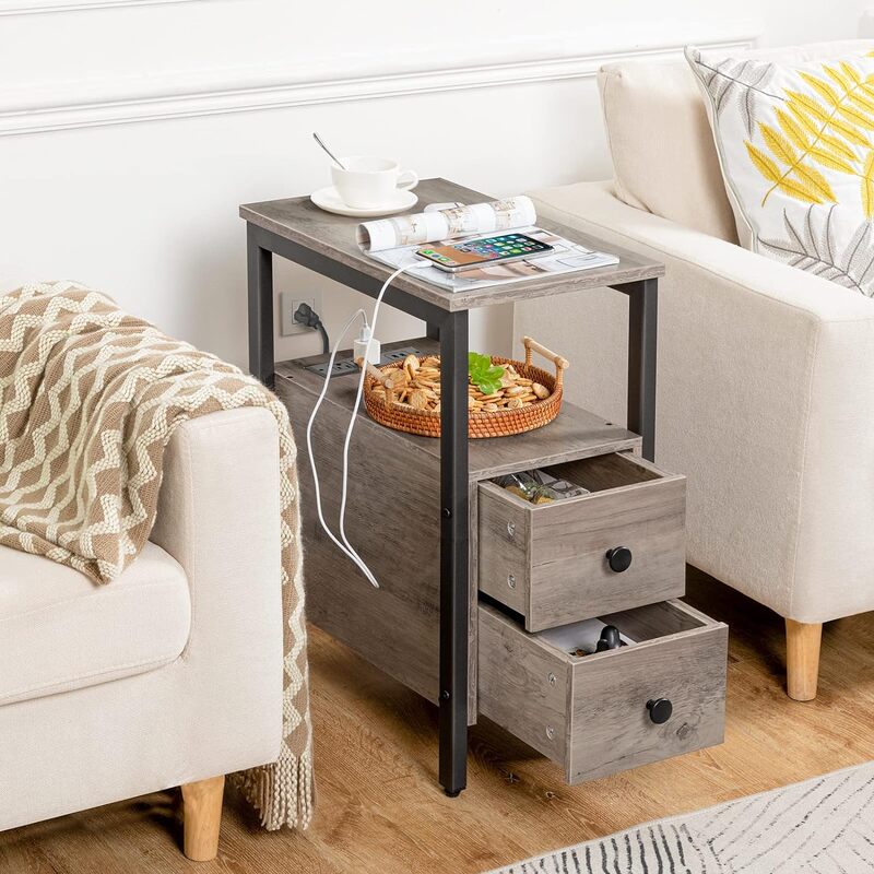 Narrow side table with drawers and USB ports and power outlets, small space nightstand, living room, stable, grey and black