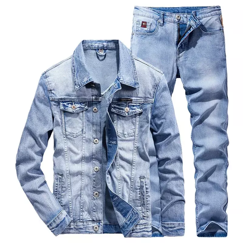 Джинсовый мужской облегающий костюм из двух предметов, стрейчевая куртка, джинсовый костюм для весны и осени
