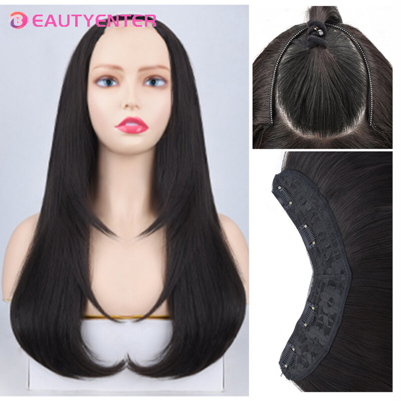 Ekstensi rambut berbentuk U kecantikan rambut sintetis klip lurus panjang ekstensi rambut palsu aksesori rambut Ren hitam untuk wanita