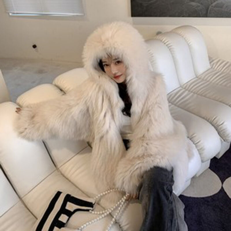 Winter coat Shaggy Hairy Thick Warm Soft Colored Faux Fur Jacket Women New hooded Bat Sleeved lady Loose Casual overcoat Clothes