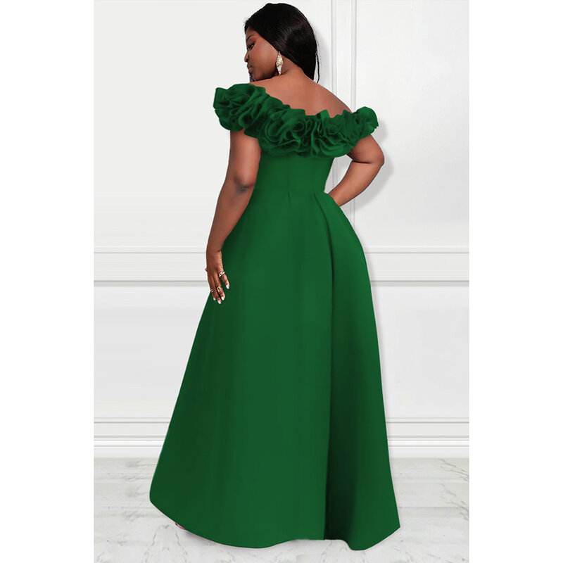 Plus Size Green Formal Satin Ruffles Off The Shoulder With Pocket Wide Leg Jumpsuits