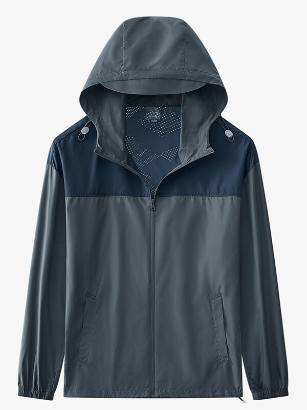 남성용 여름 스킨 코트, 가볍고 얇은 통기성 자외선 차단, UPF50 + 프루프 캐주얼 재킷, 후드 패치워크 바람막이 의류, 6XL