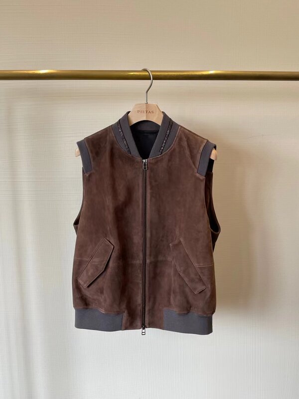 BC-Chaleco de piel de oveja para mujer, chaqueta informal sin mangas, con cadena de cuentas de diseñador