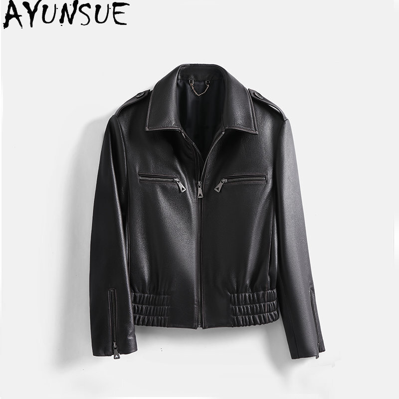 AYUNSUE-Chaqueta de piel de cabra auténtica para mujer, abrigo corto de cuero Real, chaquetas Vintage, chaqueta femenina