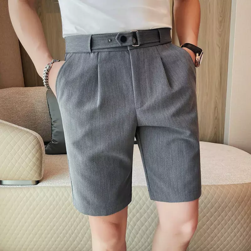 Casual Fashion Middle Pants Non-Ironing Treatment，Men's Summer New Cropped Pants, Slim-Fit Solid Color Dark Striped Suit Shorts