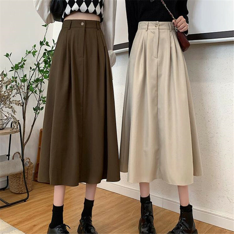 2023 nova primavera verão cintura alta midi saia feminina casual bolso cor sólida solta a-line guarda-chuva saia feminino petticoat