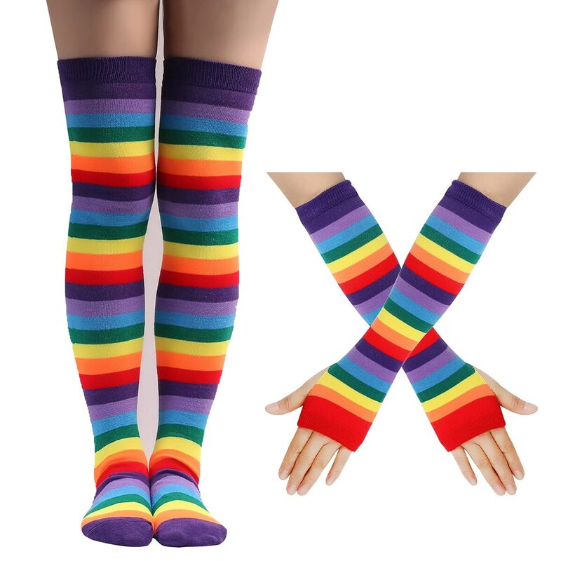 Womens Colorful Striped Stocking Socks Knee High Socks Casual Thigh High Over The Knee Hosiery Arm Warmer Fingerless Gloves Set