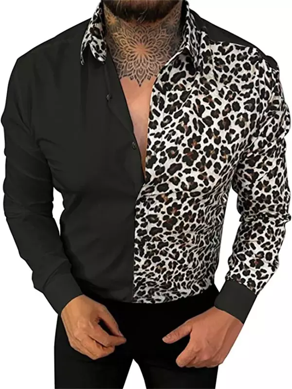2023 Fashion New Men's Retro Leopard Print Animal Print Button Long Sleeve Casual Shirt S-6XL Size Black White Leopard Print