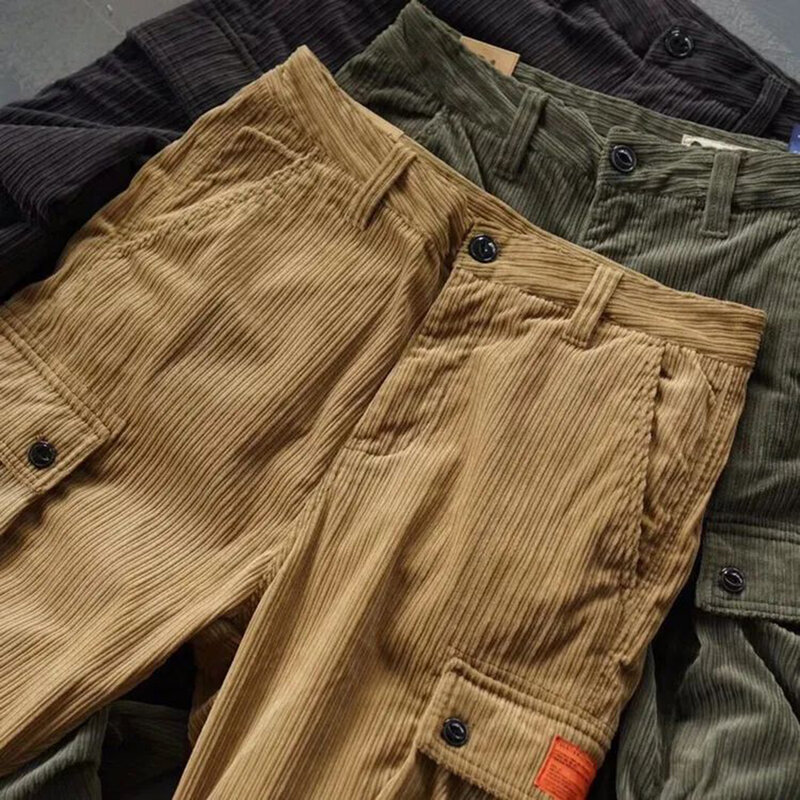 Y2K miękkie, wygodne sztruksowe spodnie Cargo z wieloma kieszeniami 2024 jesienno-zimowe codzienne męskie ubrania w stylu Vintage męskie spodnie