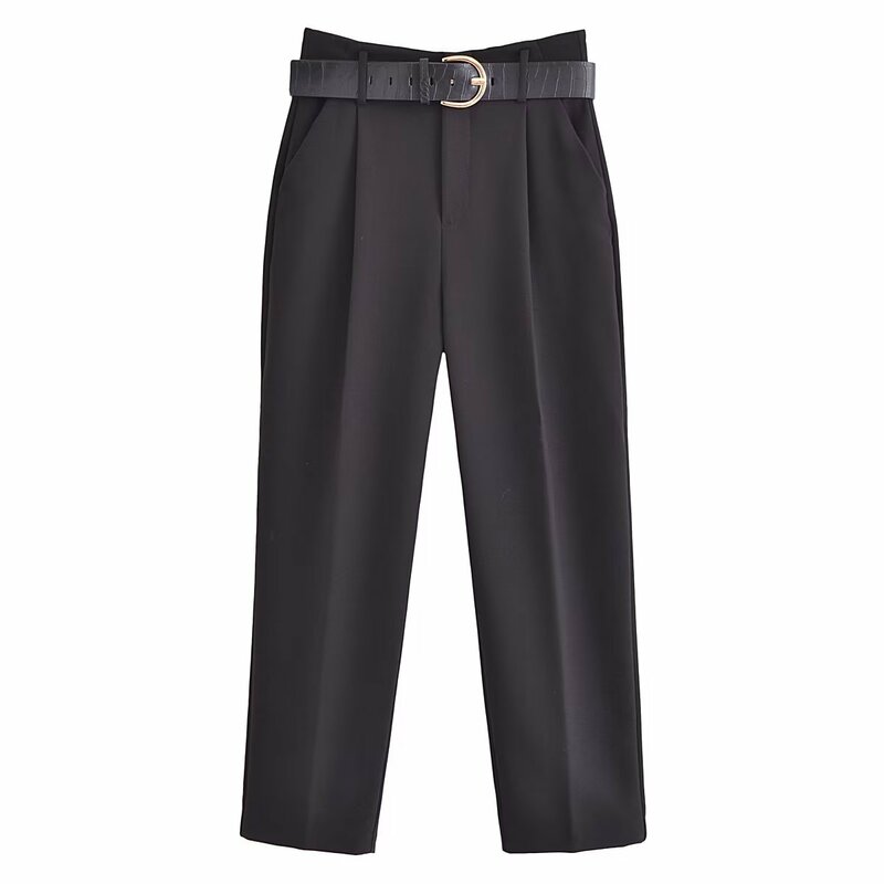 Dave&Di Autumn British Fashion Ladies Straight Suit High Waist  Pants Vintage Plaid Casual Pants Women With Belt
