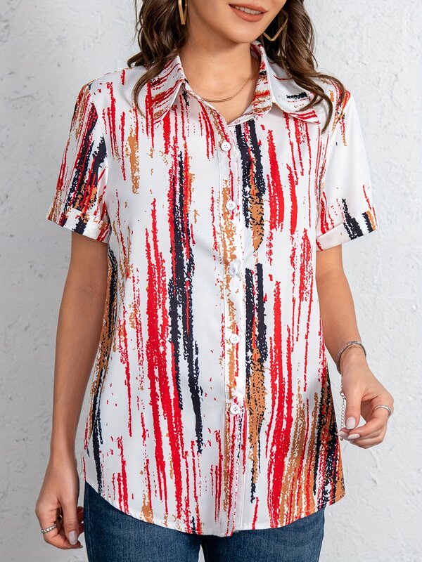 2024 New Striped Print Button Front Shirt, Vintage Short Sleeve Shirt For Spring &Fall, Women's Clothing shirts & blouses
