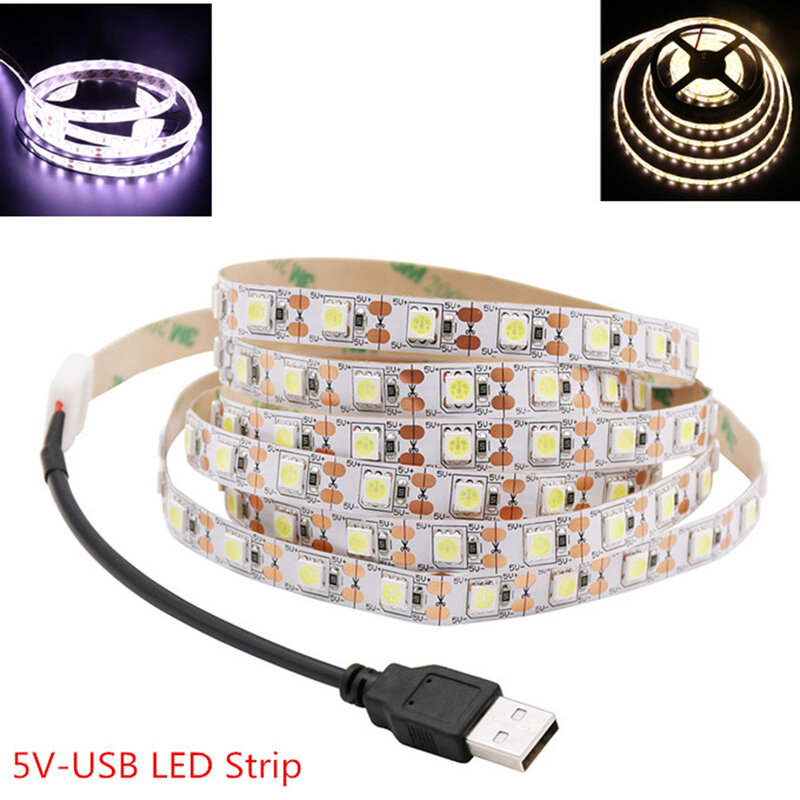 5V USB LED Strip 5050 Cold white/Warm white TV Background Lighting 60LEDs/m USB Clip Connector 30cm 50cm 1m 2m 3m 4m 5m Set.