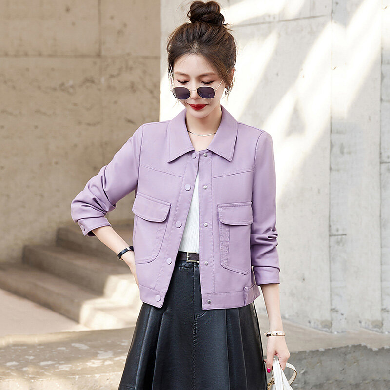 New Women Spring Autumn Violet Leather Jacket Fashion Turn-down Collar Single Breasted Wide-waisted Short Coat Split Leather