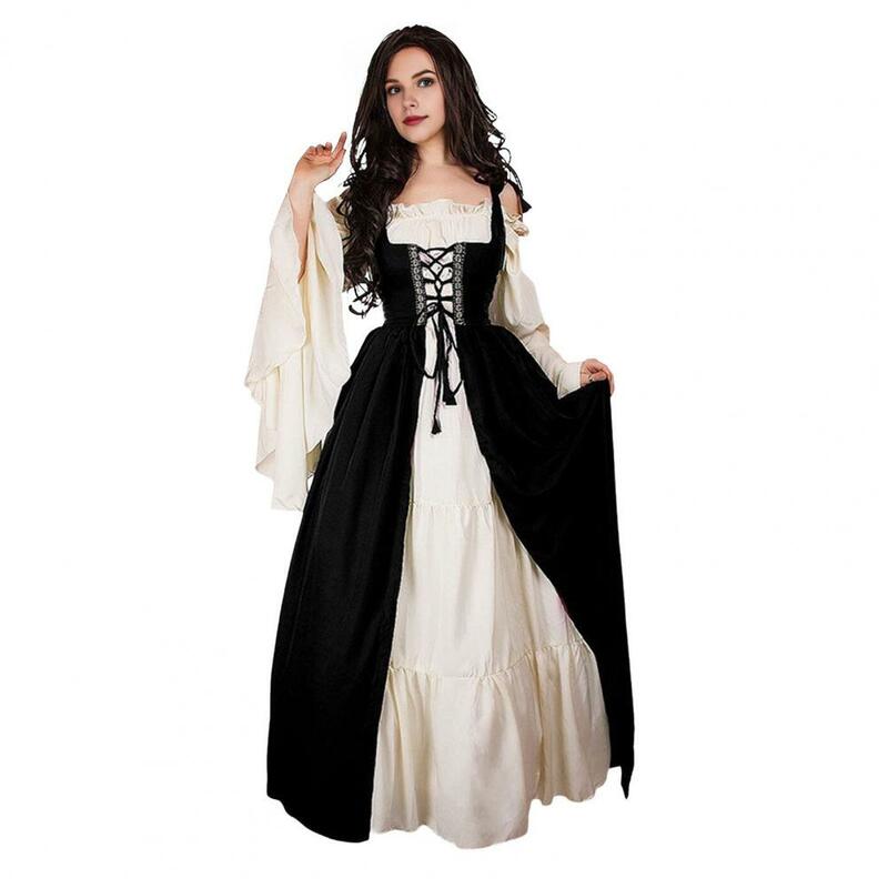 Vestido medieval para mulheres, pescoço quadrado, cintura apertada, mangas compridas, patchwork com cordões, vestido solto vintage, traje de Halloween, vestido maxi