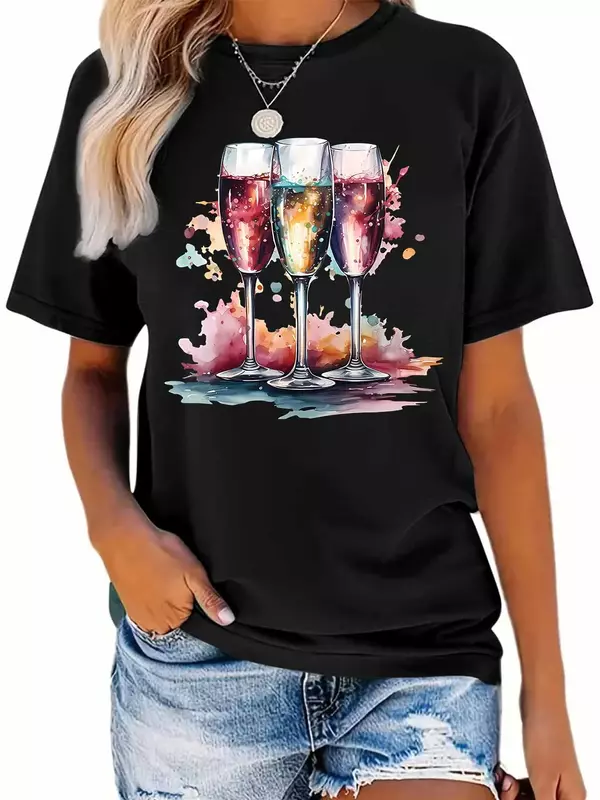 Short Sleeve T Shirt Summer Wine Glass Print Short Sleeve Casual Ladies Fashion Female Graphic Tee O-Neck  Women's Clothing Tops