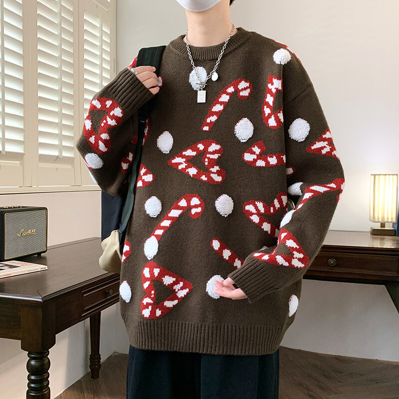 Suéteres de lana para hombre, ropa de calle ajustada, suéter de punto con estampado, jerséis de moda coreana, Otoño e Invierno