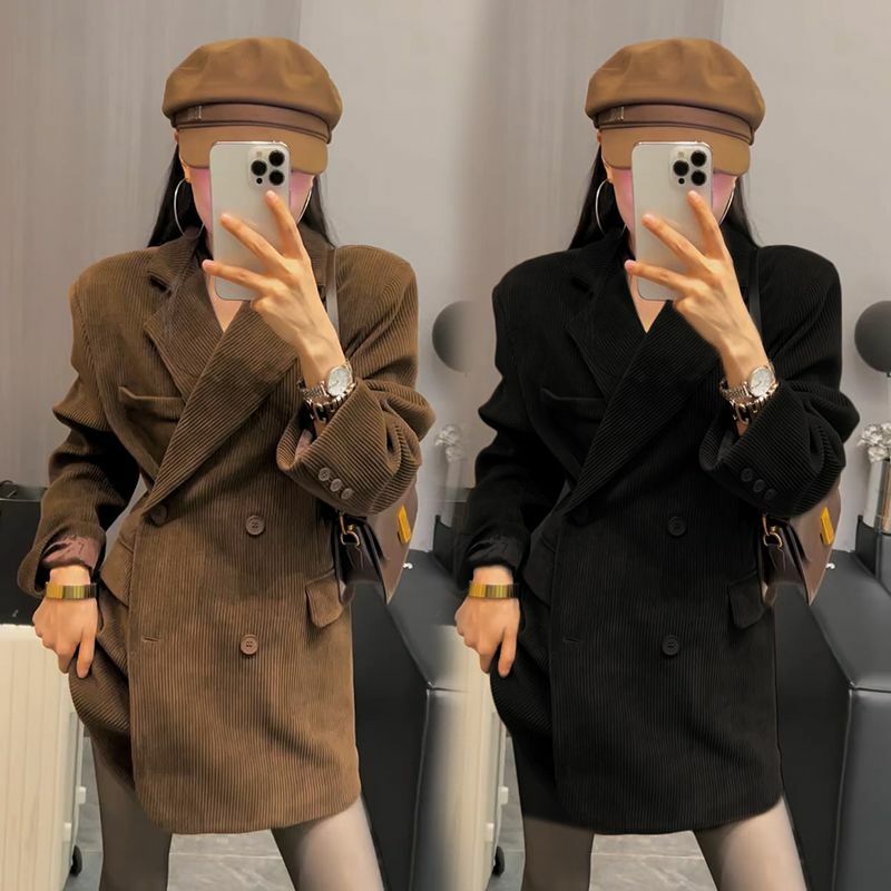 Женская осенне-зимняя бархатная винтажная Повседневная двубортная куртка в британском стиле
