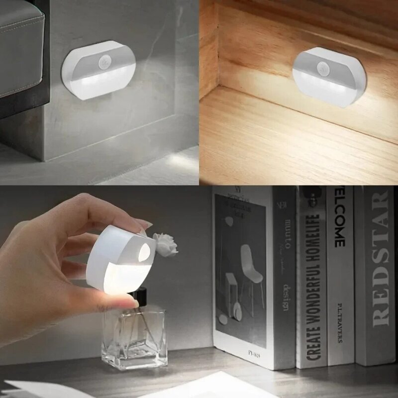 Lámpara LED de noche con Sensor de movimiento, iluminación de mesita de noche con pilas AAA, para decoración de habitación y dormitorio, 3 piezas