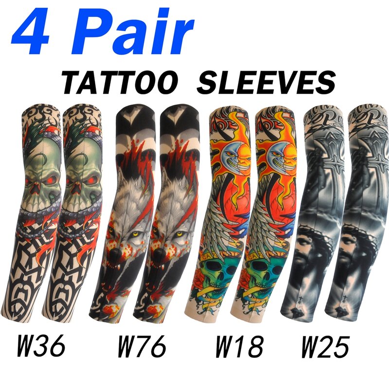 4 pair Men Long Summer Tattoo Sleeves Seamless Armguard Sun Protection Cover Outdoor Gloves Driving Ice Silk Women Arm Sleeves