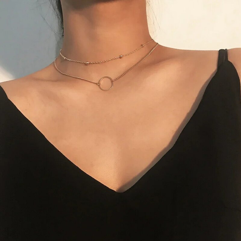 SUMENG Neue Ankunft 2023 Mode Moderne Choker Halskette Zwei Schichten Runde Halsketten Gold Farbe Halskette Halsband Schmuck Für Frauen
