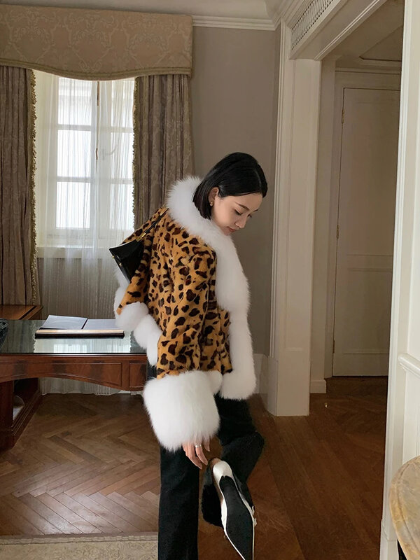 2024 Fashion Fox Fur Collar Gold Mink Coat Women's Winter Jacket Leopard Print Coats and Jackets Short Clothes for Women