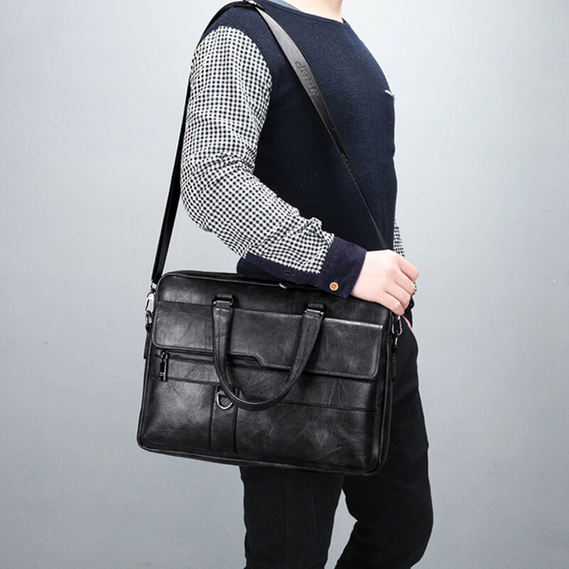 High Quality Leather Briefcase Men's Business Office Laptop Handbag 14 Inch Shoulder Bag Male Brand Tote For A4 File XA355C