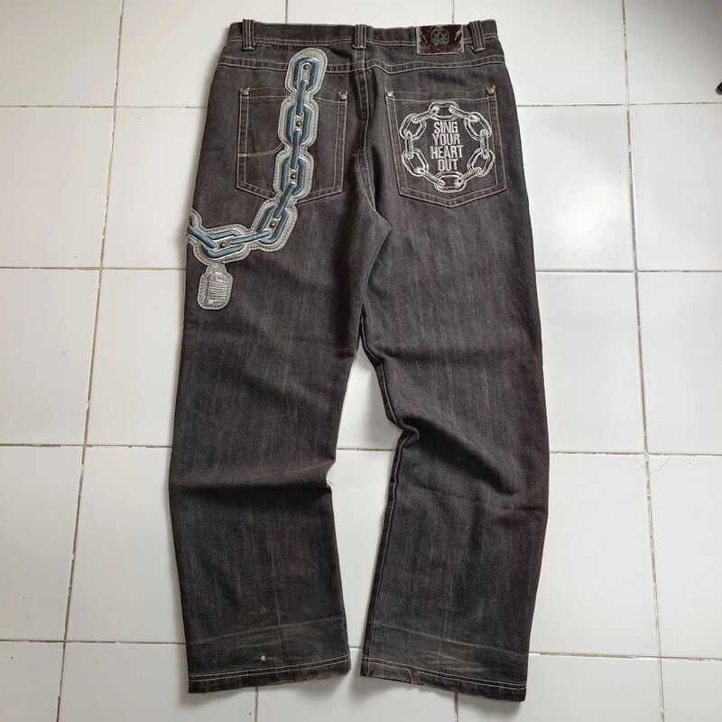 Винтажные джинсы Y2K в стиле Харадзюку, широкие брюки-багги в стиле ретро, хип-хоп, с вышивкой, в готическом стиле, с завышенной талией, уличная одежда