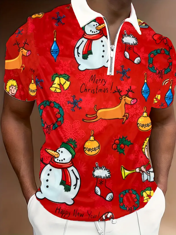 Chemise de golf respirante avec motif de Noël pour homme, coupe régulière, t-shirt décontracté, col en V, manches courtes, été