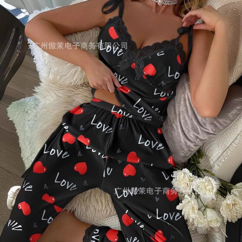 2024 Spring Summer New Print Pajamas Suit Women's Spaghetti Strap Bow V-neck Vest Top High Waist Pants Trousers Suit