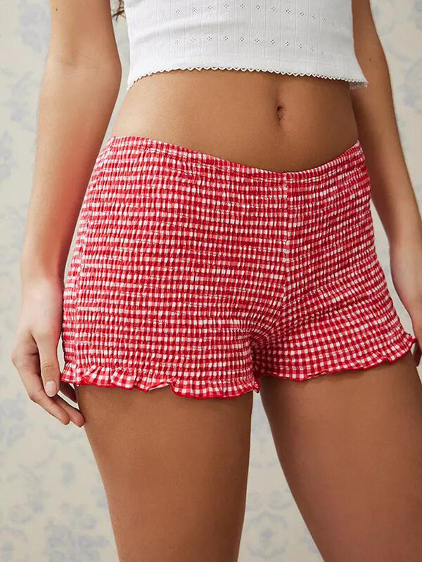 Piyama celana pendek kasual wanita, piyama merah elastis Band lipit Trim kotak-kotak nyaman kulit diskon besar S M L musim panas untuk perempuan