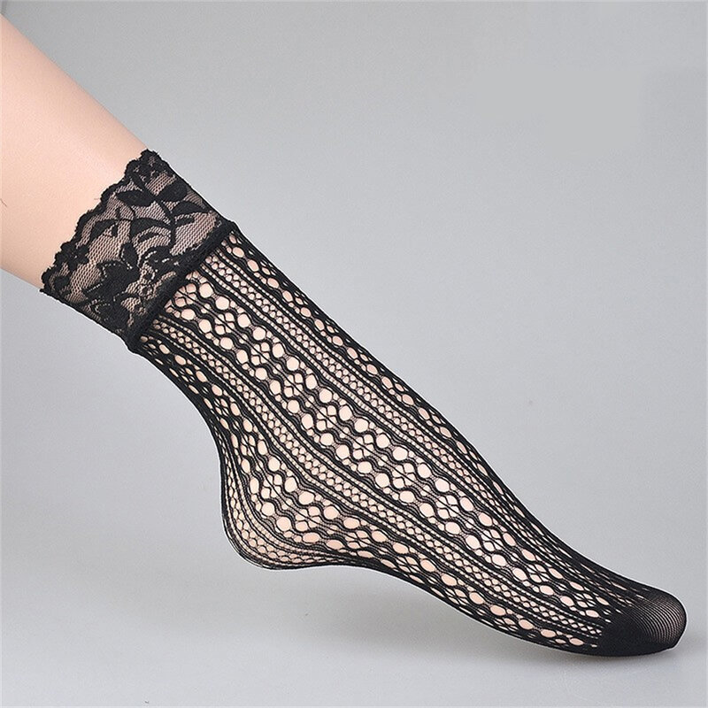 Летние модные тонкие черные кружевные короткие носки для женщин и девушек в стиле "Лолита", сексуальные сетчатые носки, клетчатые ультратонкие носки с цветочным принтом, Прямая поставка