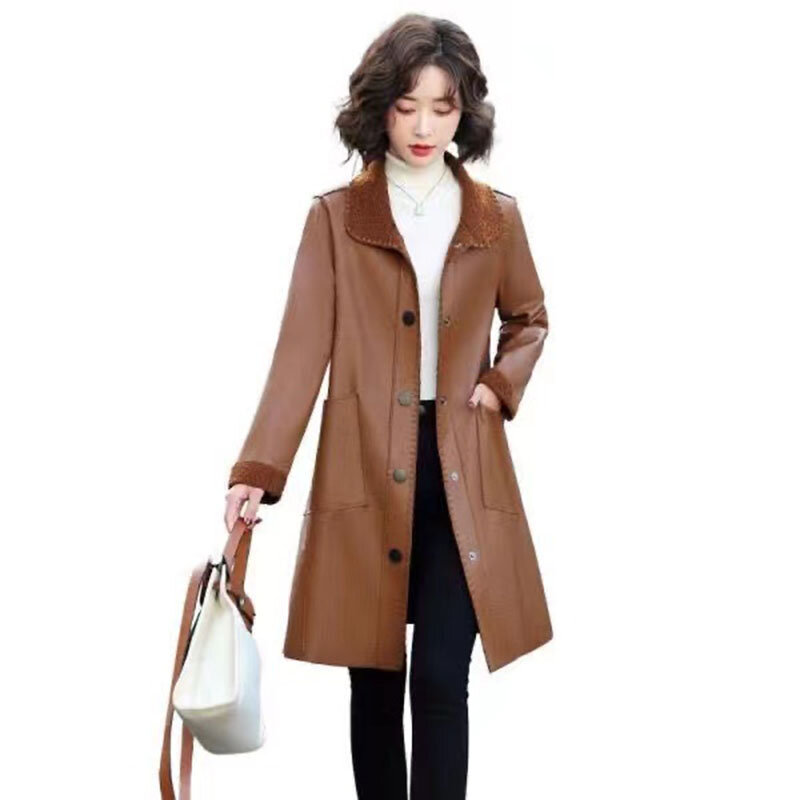 Кожаная куртка женская длинная осенне-зимняя Корейская Куртка Свободная меховая ветровка большого размера новинка 2024 женские трендовые Топы