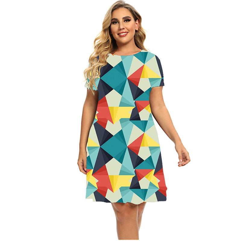 Bunte 3D Geometrie Print Kleid Frauen Mode Oversize Kleidung Lose Sommer Kurzarm O-ansatz Mini Kleid Plus Größe Kleid 6XL