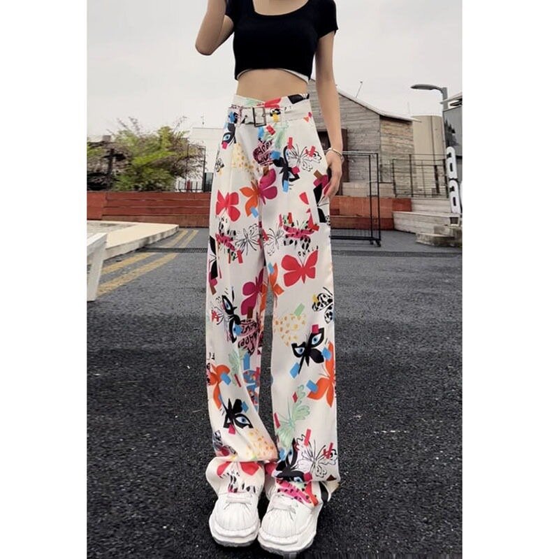 Pantalon de survêtement long style Hong Kong pour femme, motif droit, taille haute, dentelle, slim, jambe large, rétro, été, Europe