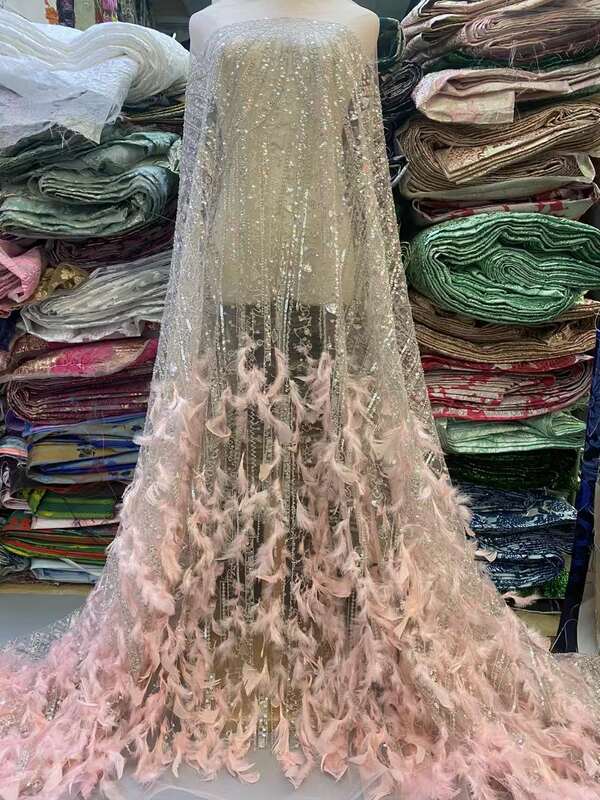 Luxurys-tela de encaje de tul con plumas francesas para boda, tejido africano de alta calidad con lentejuelas, nigeriano, 2023
