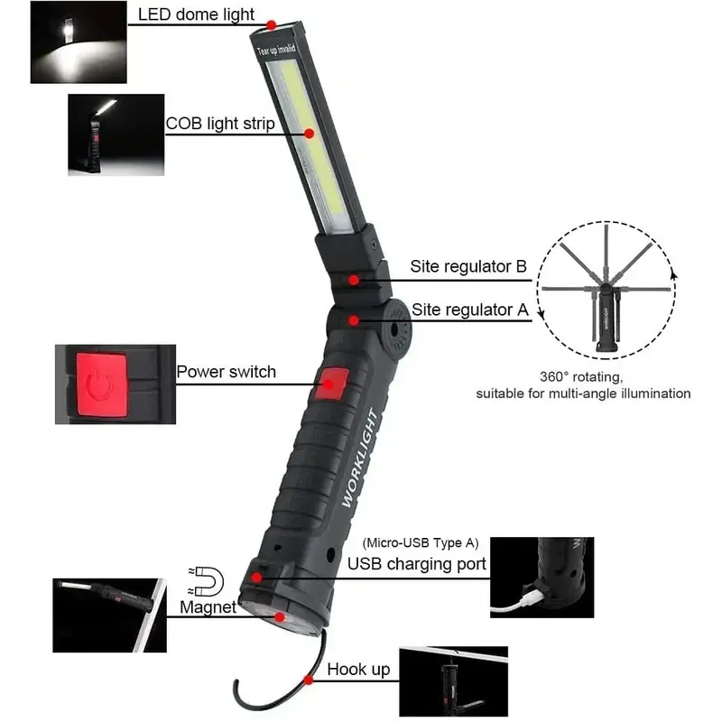 Luce da lavoro multifunzionale luce da campeggio pieghevole portatile torcia a LED ricaricabile USB con lampada magnetica a batteria incorporata