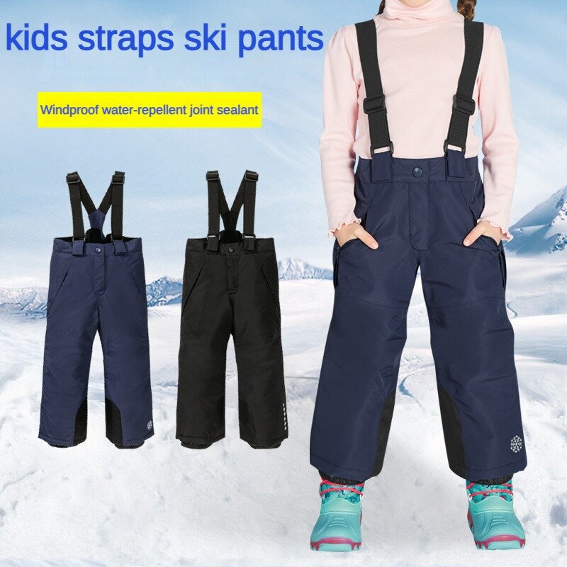 Celana Ski luar ruangan anak-anak baru musim dingin untuk anak laki-laki perempuan dengan tali punggung katun tahan air tahan angin hangat celana pengisi daya tebal