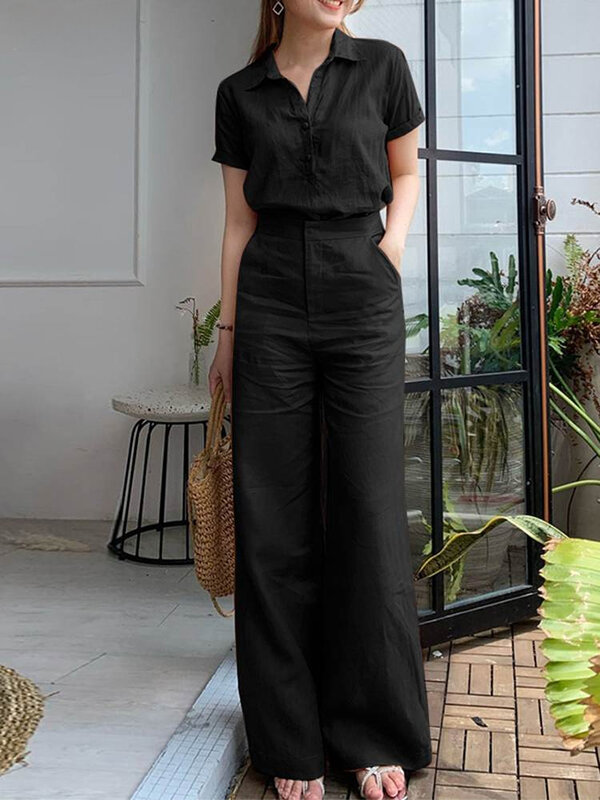 2024 New Summer Women Matching Sets OL Work Outfits Causal Short Sleeve Shirt Loose Wide Leg Pants Fashion Suit Urban Tracksuits